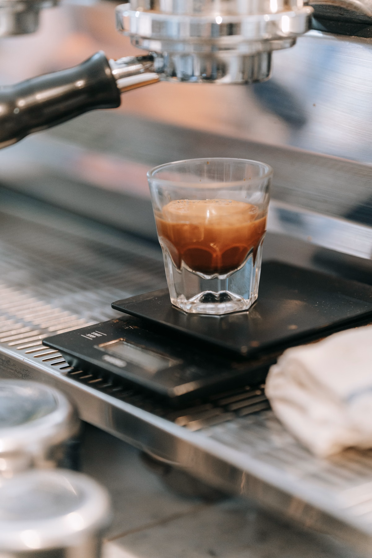 Close-up of an espresso shot with crema